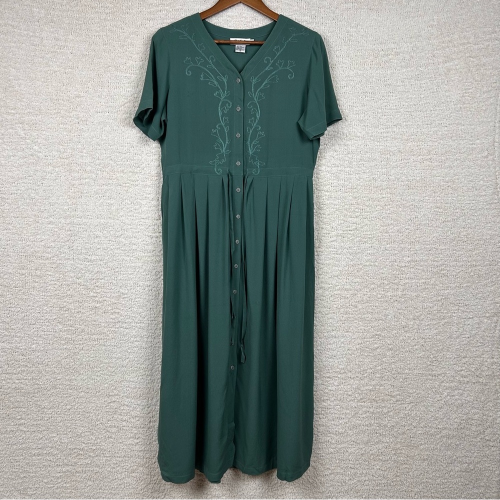Vtg Seta Dress Womens M Green Silk Button Front Bohemian Classic Prairie Minimal